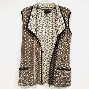 Icelandic Design Sleeveless Open Front Sweater Vest Soft Cotton Brown White Sz S